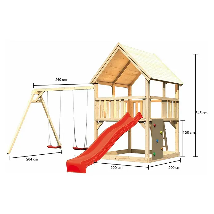 Karibu Kinderspielturm Luis Set 25 - L x B x H: 264 x 440 x 345 cm, Natur/Rot - Produktdarstellung des Spielturms mit Rutsche und Schaukel. Gefertigt aus Holz, ideal für den Garten und Spielplatz.