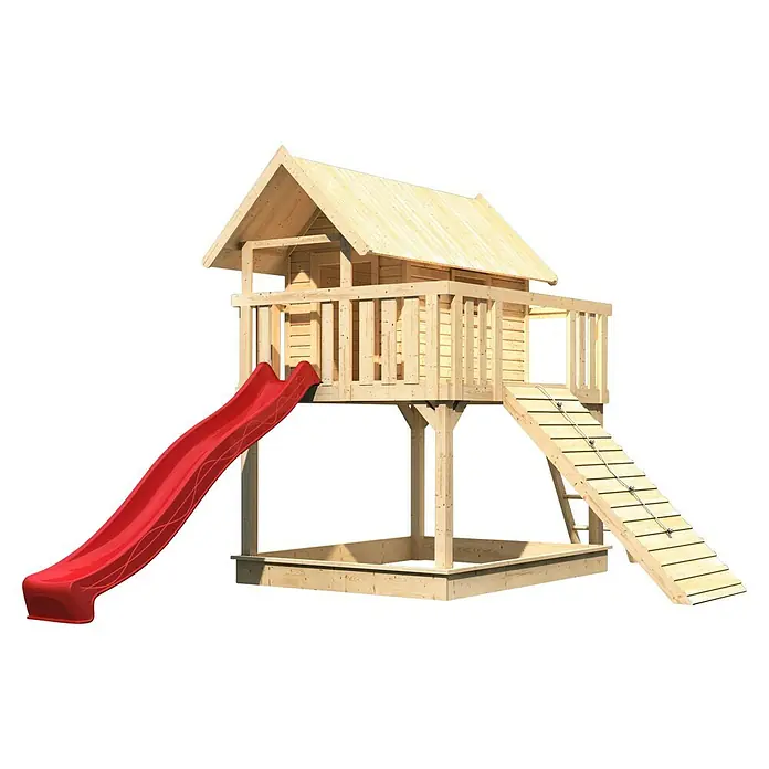 Karibu Kinderspielturm Fidel Set 16 - L x B x H: 243 x 198 x 329,5 cm, Natur/Rot - Abenteuerlicher Spielturm mit Rutsche, Kletterrampe und Sandkasten für Kinder zum Spielen und Toben im Garten.