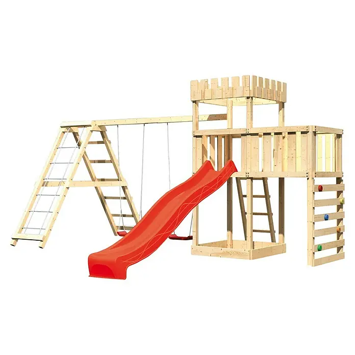 Karibu Kinderspielturm Ritterburg Löwenherz Set 54 - L x B x H: 264 x 522 x 259,5 cm, Natur/Rot - Kinderspielplatz aus Holz mit Rutsche, Schaukel und Kletterturm. Ideal für den Garten und für Kinder jeden Alters.