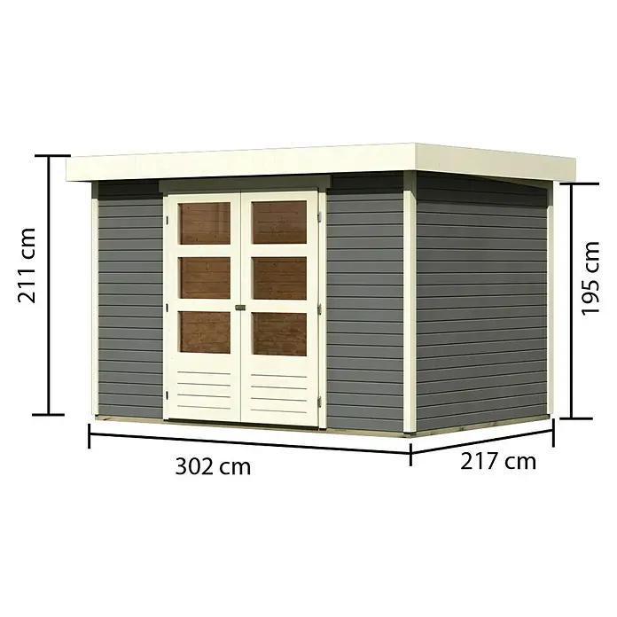 Karibu Gartenhaus Cuno 4 - Außenmaß inkl. Dachüberstand (B x T): 330 x 238 cm, Holz, Terragrau - Ansicht eines Gartenhauses in Grau und Weiß mit Größenangaben. Praktisches Gartenhaus zur Aufbewahrung von Gartengeräten.