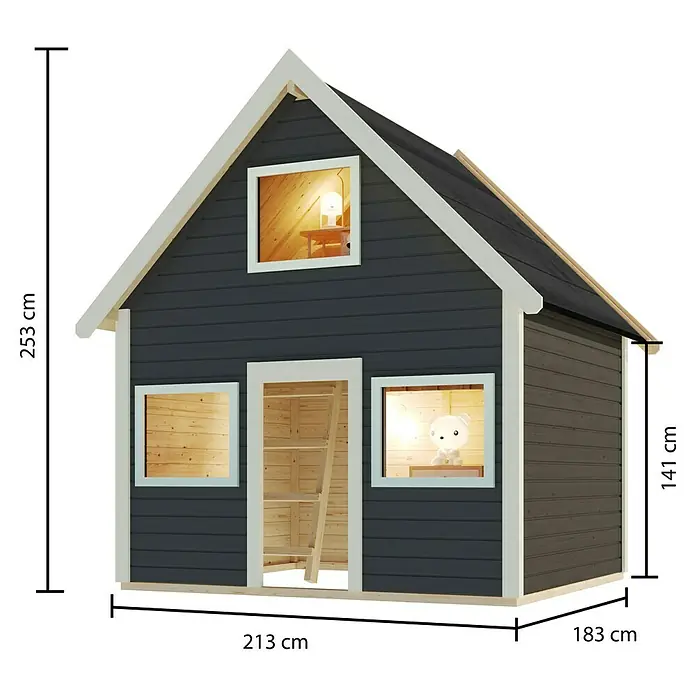 Karibu Spielhaus Kalle - L x B x H: 183,5 x 212,5 x 253 cm, Holz, Terragrau - Bild eines Spielhauses mit den Maßen 253 cm Höhe, 213 cm Breite und 183 cm Tiefe.