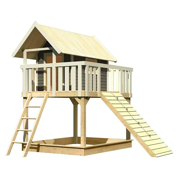 Karibu Kinderspielturm Fidel Set 10 - L x B x H: 243 x 198 x 329,5 cm, Terragrau - Holzspielhaus mit Rutsche und Sandkasten. Ideal für Kinder zum Spielen im Garten, bietet sowohl Kletter- als auch Sandspielmöglichkeiten.