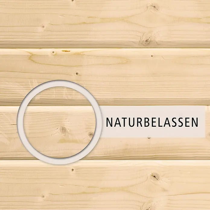 Karibu Matschküche Sandy - 44 x 119,5 x 79 cm, Holz, Natur - Nahaufnahme eines hellen, unbehandelten Holzes mit sichtbarer Maserung und einem weißen Kreis links, daneben der Schriftzug "NATURBELASSEN".