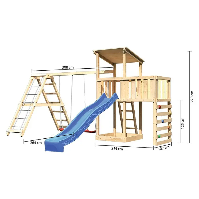 Karibu Kinderspielturm Anna Set 53 - L x B x H: 264 x 522 x 270 cm, Natur - Abbildung eines Spielplatzes mit Schaukel, Rutsche und Kletterturm, der aus Holz gefertigt ist und mit Maßen versehen ist.