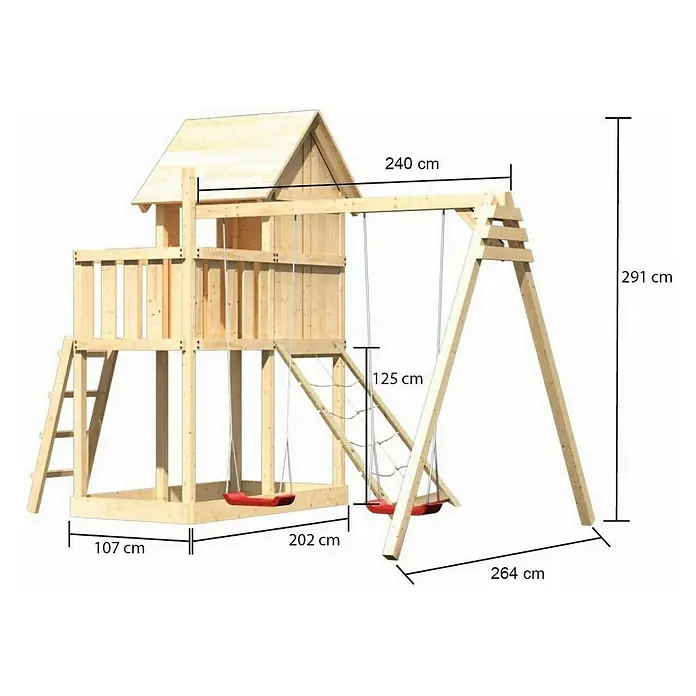 Karibu Kinderspielturm Frieda Set 21 - L x B x H: 264 x 347 x 291 cm, Natur - Abbildung eines Holzspielplatzes mit Schaukel und den entsprechenden Massangaben.