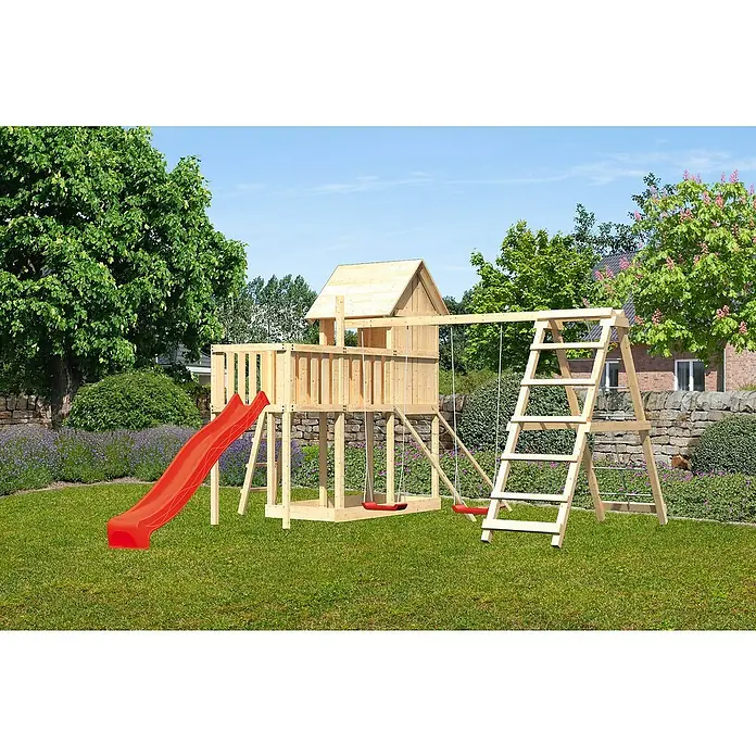 Karibu Kinderspielturm Frieda Set 50 - L x B x H: 309 x 415 x 291 cm, Natur - Holzspielplatz mit Rutsche, Schaukel und Kletterleiter im Garten. Ideal für Kinder zum Spielen und Austoben im Freien.