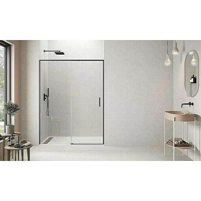 GME Mampara de ducha frontal Twenty - 155 x 195 cm, Espesor de vidrio: 6 mm, Negro - Mampara de ducha de cristal con marco negro y puerta corredera en un baño moderno.