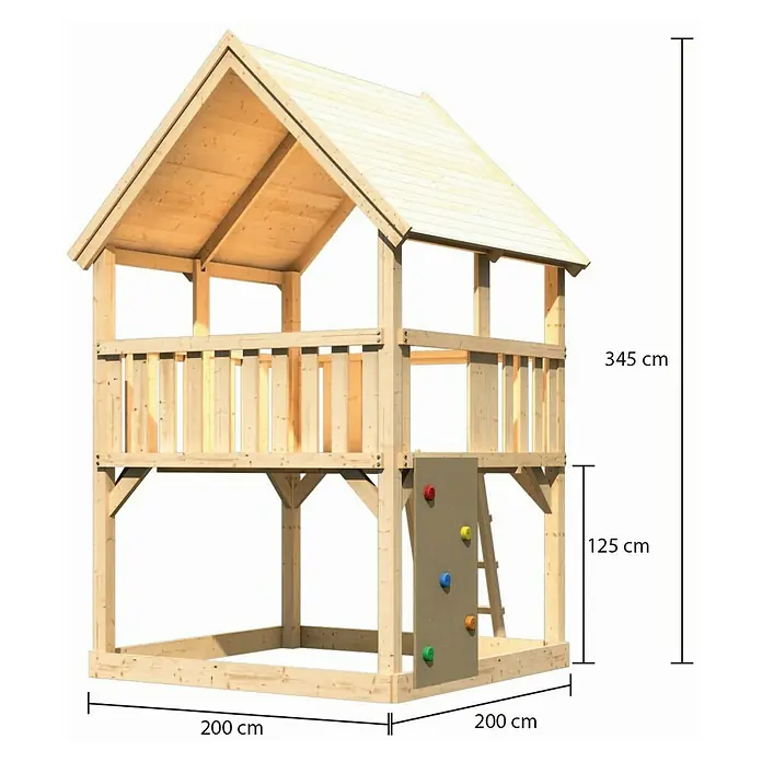 Karibu Kinderspielturm Luis Set 7 - L x B x H: 200 x 200 x 345 cm, Leiter & Kletterwand - Abmessungen des hölzernen Spielhauses für den Garten mit Kletterwand und den Maßen 345 x 200 x 200 cm.