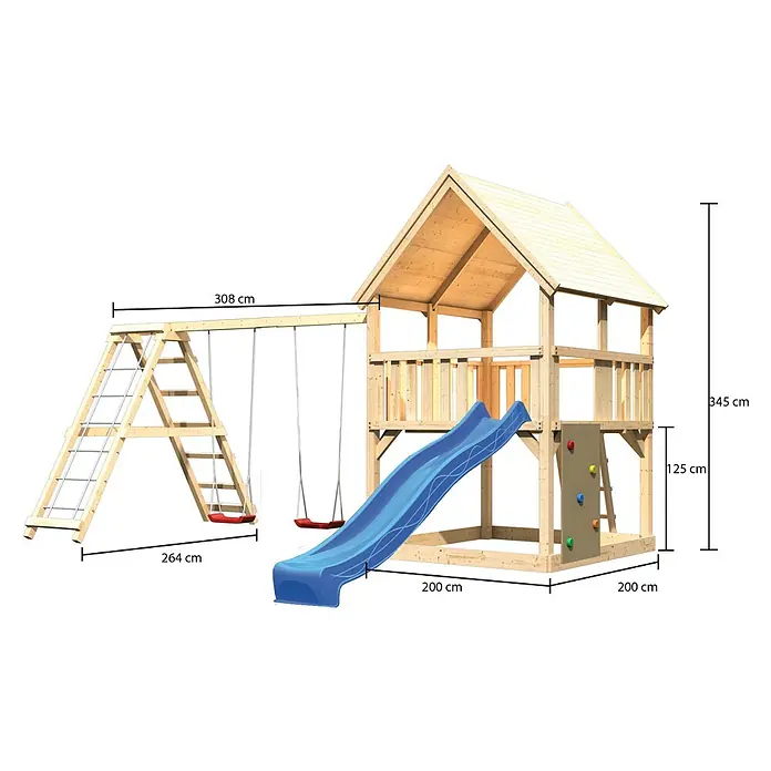 Karibu Kinderspielturm Luis Set 26 - L x B x H: 264 x 508 x 345 cm, Natur/Blau - Abbildung eines Spielturms aus Holz mit Schaukel, Kletterwand und Rutsche, der sich ideal für den Garten eignet.