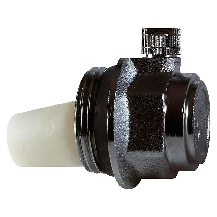 Tapón purgador izquierda - 1″ - Primer plano de un grifo cromado con un tapón de plástico blanco y un botón de ajuste moleteado.