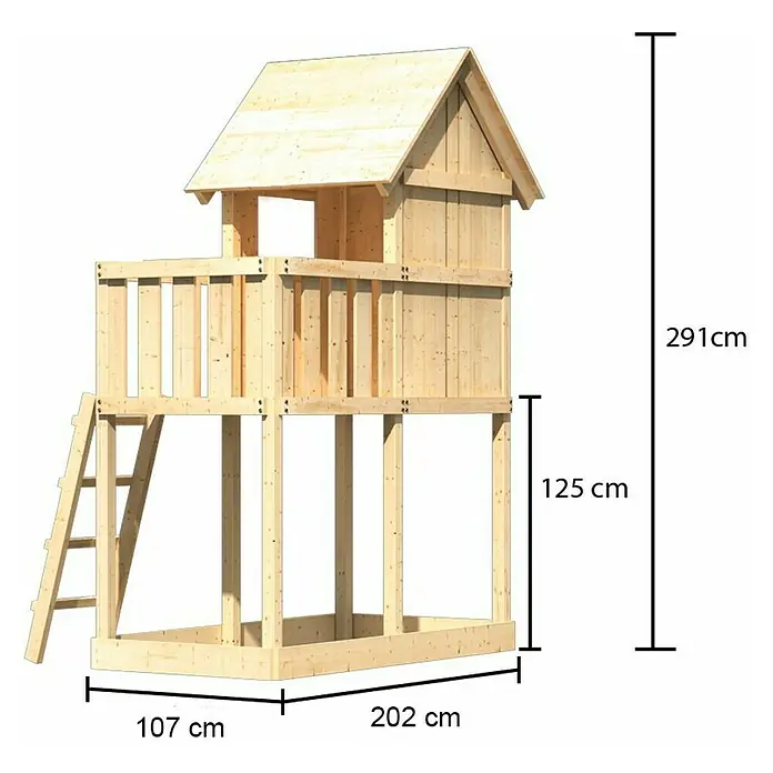 Karibu Kinderspielturm Frieda Set 1 - L x B x H: 202 x 107 x 291 cm, Natur - Abbildung eines Spielhauses aus Holz mit den Maßen 291 cm Höhe, 202 cm Breite und 107 cm Tiefe.