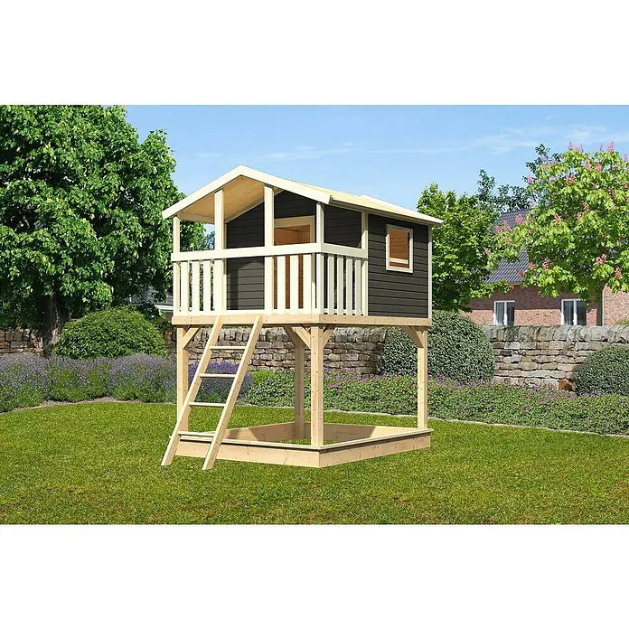 Karibu Spielhaus Benjamin Set 2L x B x H: 244 cm x 198 mm x 309 cm, Holz, Terragrau - Abenteuerliches Spielhaus mit Sandkasten darunter, ideal für Kinder zum Spielen im Garten. Die Holzkonstruktion bietet Spaß im Freien.