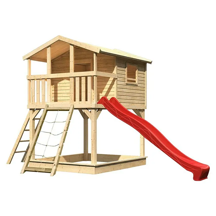 Karibu Spielhaus Benjamin Set 12 - L x B x H: 244 cm x 198 mm x 309 cm, Holz, Natur - Ein hölzernes Spielhaus mit Rutsche, Kletterwand und Sandkasten bietet vielfältige Spielmöglichkeiten im Garten.
