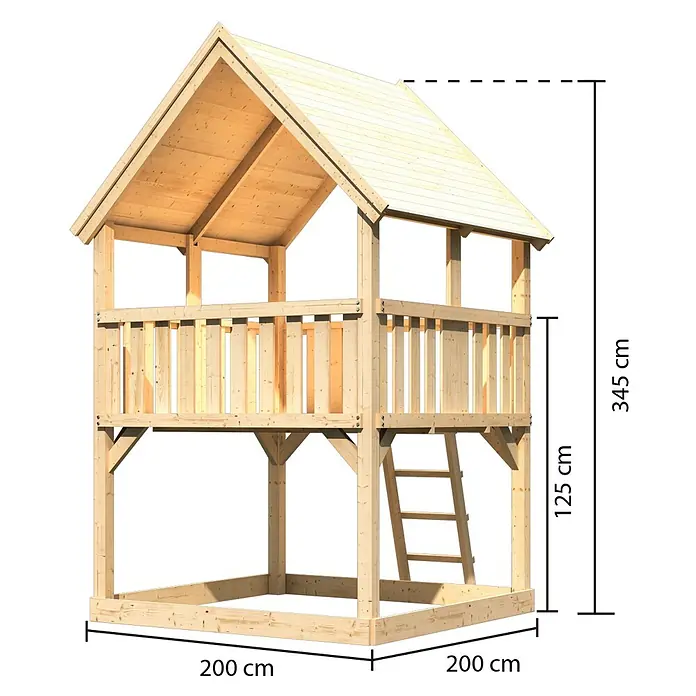 Karibu Kinderspielturm Luis Set 1 - L x B x H: 200 x 200 x 345 cm, Leiter - Abbildung eines Holzspielhauses mit Maßen. Das Spielhaus hat eine quadratische Basis, eine offene Veranda und ein Giebeldach.