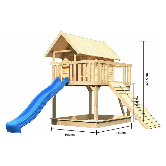 Karibu Kinderspielturm Fidel Set 15 - L x B x H: 243 x 198 x 329,5 cm, Natur/Blau - Abbildung eines Holzspielhauses mit Rutsche und Sandkasten, versehen mit Maßangaben.