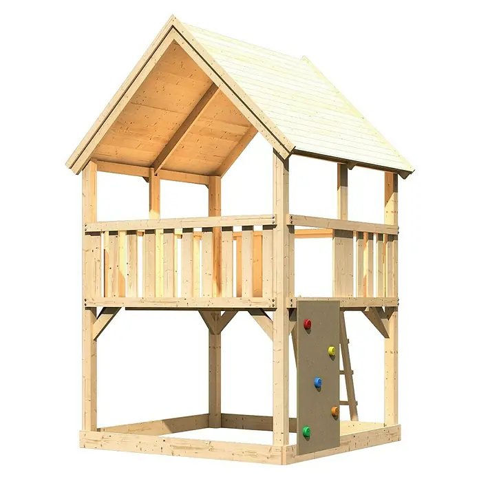 Karibu Kinderspielturm Luis Set 7 - L x B x H: 200 x 200 x 345 cm, Leiter & Kletterwand - Ein zweistöckiges Spielhaus aus Holz mit Kletterwand und Geländer bietet Kindern vielseitige Spielmöglichkeiten im Freien.