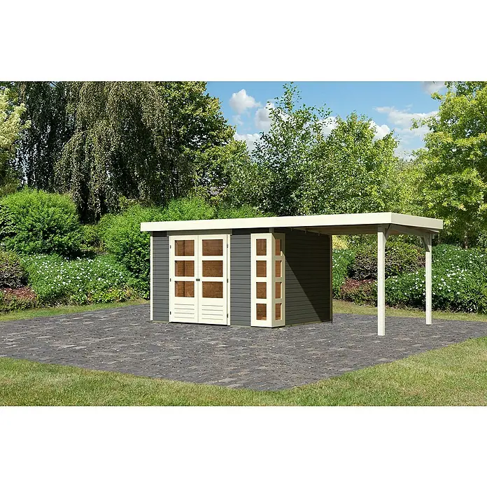 Karibu Gartenhaus Kerko 5 - Außenmaß inkl. Dachüberstand (B x T): 554 x 262 cm, Holz, Terragrau, Mit Seitendach - Abbildung eines Gartenhauses mit grauen Wänden, weißen Fensterrahmen und einem überdachten Bereich.