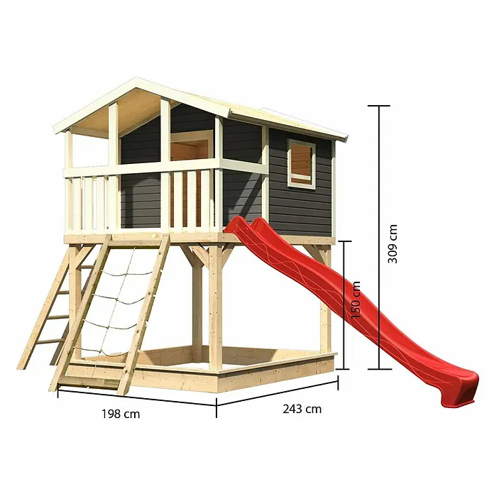 Karibu Spielhaus Benjamin Set 14 - L x B x H: 244 cm x 198 mm x 309 cm, Holz, Terragrau - Abbildung eines bunten Spielhauses mit Rutsche, Leiter und Sandkasten für Kinder. Das Haus ist 309 cm hoch und bietet viel Spaß im Freien.