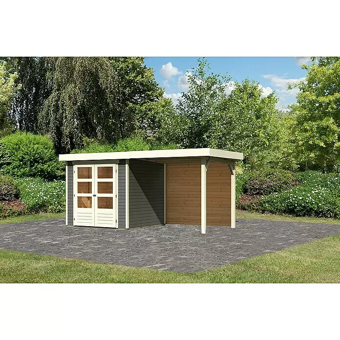 Karibu Gartenhaus Askola 2 - Außenmaß inkl. Dachüberstand (B x T): 467 x 238 cm, Holz, Terragrau, Mit Seitendach & Rückwand - Moderner Geräteschuppen mit grauem Schuppenbereich und offenem Holzunterstand. Helle Verkleidung und Türen, auf gepflastertem Bereich im Garten.