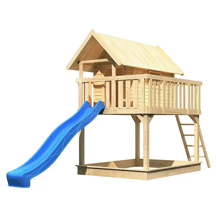 Karibu Kinderspielturm Fidel Set 3 - L x B x H: 243 x 198 x 329,5 cm, Natur/Blau - Holzspielhaus mit blauer Rutsche, Sandkasten und Leiter für Kinder zum Spielen und Spaßhaben im Garten. Ideal für aktive Kinder.