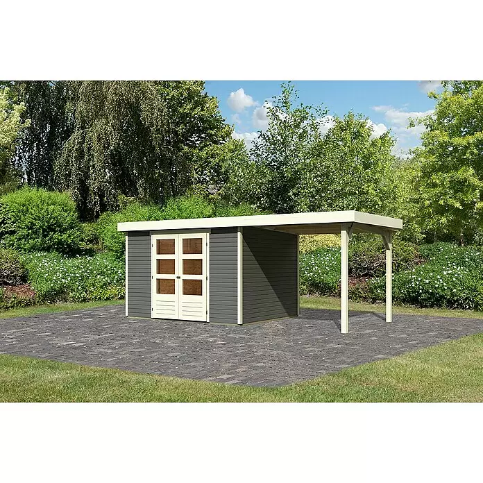 Karibu Gartenhaus Askola 5Außenmaß inkl. Dachüberstand (B x T): 554 x 262 cm, Holz, Terragrau, Mit Seitendach