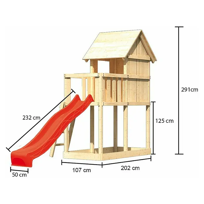 Karibu Kinderspielturm Frieda Set 3 - L x B x H: 202 x 107 x 291 cm, Natur - Abmessungen eines Holzspielhauses mit Rutsche, inklusive Höhe, Breite und Länge in Zentimetern.