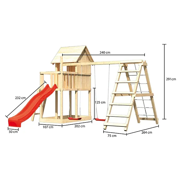 Karibu Kinderspielturm Frieda Set 12 - L x B x H: 264 x 347 x 291 cm, Natur - Abbildung eines Spielturms mit Rutsche, Schaukeln und Kletterleiter mit Maßangaben.