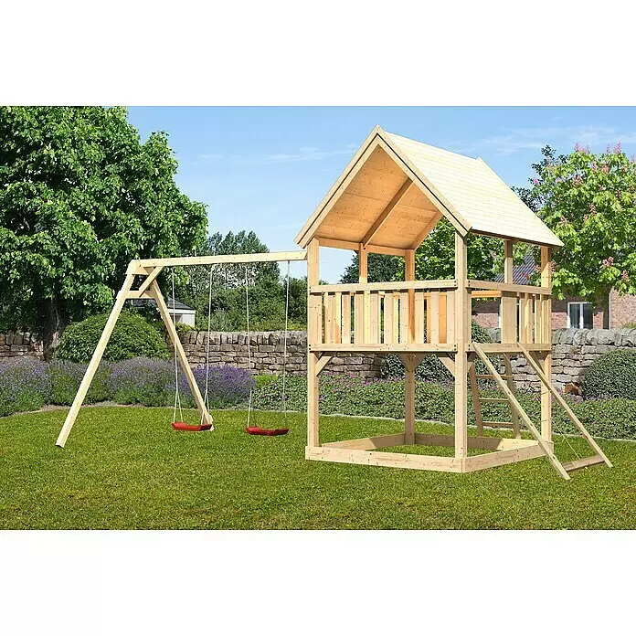 Karibu Kinderspielturm Luis Set 16 - L x B x H: 264 x 440 x 345 cm, Natur - Großes Spielgerüst aus Naturholz mit Spielhaus, Leiterzugang und zwei roten Schaukeln.