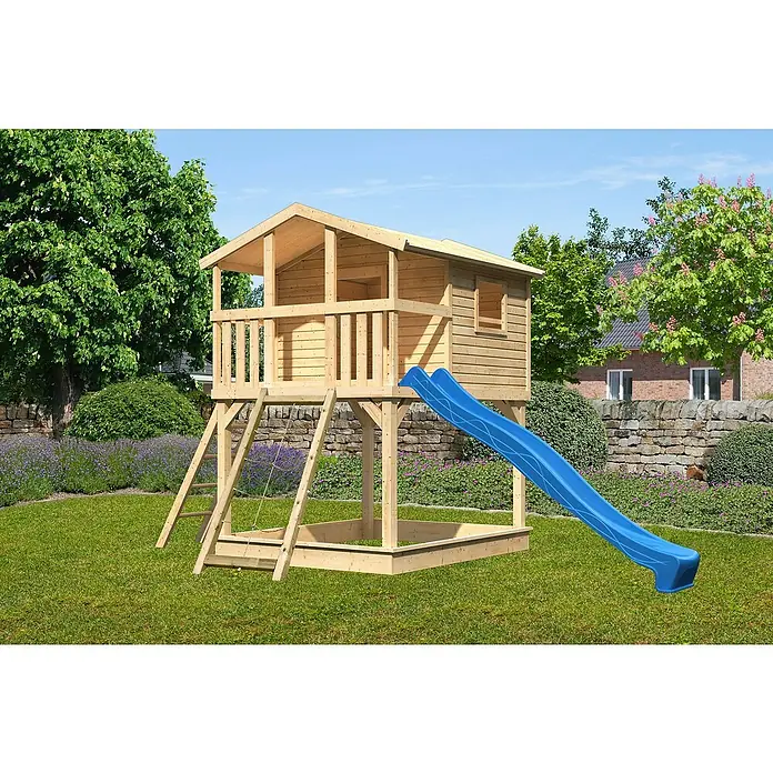 Karibu Spielhaus Benjamin Set 11 - L x B x H: 244 cm x 198 mm x 309 cm, Holz, Natur - Holzspielhaus mit Rutsche und Sandkasten im Garten. Das Spielhaus bietet Spaß und Abenteuer im Freien für Kinder.