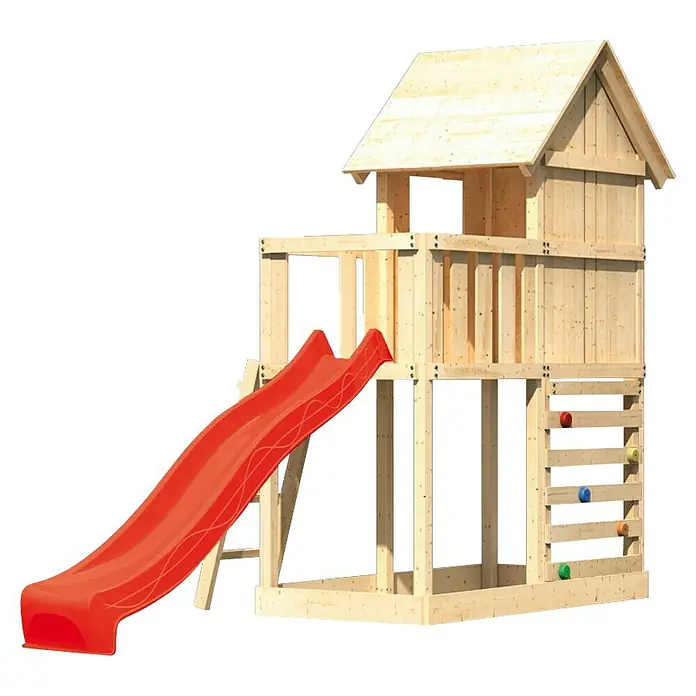 Karibu Kinderspielturm Frieda Set 18 - L x B x H: 107 x 202 x 291 cm, Natur - Holzspielhaus mit roter Rutsche und Kletterwand für Kinder. Ein tolles Spielgerät für den Garten.