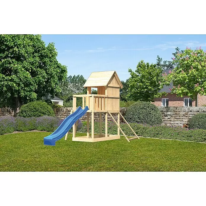 Karibu Kinderspielturm Frieda Set 15 - L x B x H: 202 x 107 x 291 cm, Natur - Hölzernes Spielhaus mit blauer Rutsche, ideal für den Gartenspaß.