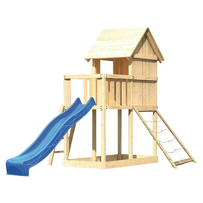 Karibu Kinderspielturm Frieda Set 15 - L x B x H: 202 x 107 x 291 cm, Natur - Holzspielturm mit Rutsche und Kletternetz für Kinder zum Spielen im Freien. Der Turm bietet viel Platz zum Toben und Spaß haben.