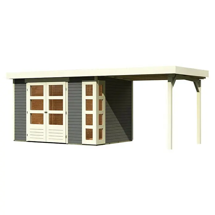 Karibu Gartenhaus Kerko 4 - Außenmaß inkl. Dachüberstand (B x T): 554 x 238 cm, Holz, Terragrau, Mit Seitendach - Das moderne Gartenhaus mit überdachter Veranda bietet zusätzlichen Stauraum und Schutz vor Witterungseinflüssen. Perfekt für jeden Garten.