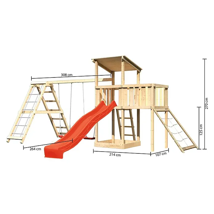 Karibu Kinderspielturm Anna Set 50 - L x B x H: 264 x 522 x 270 cm, Natur - Abbildung eines Holzspielplatzes mit Schaukel, Rutsche, Klettergerüst und Turm, inklusive Maßangaben.