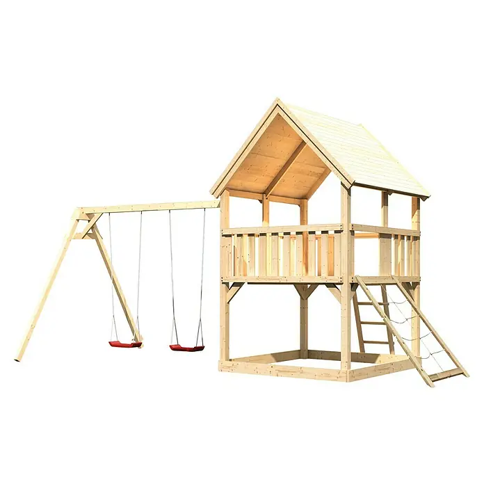 Karibu Kinderspielturm Luis Set 16 - L x B x H: 264 x 440 x 345 cm, Natur - Ein hölzerner Spielturm mit Schaukel und Kletterwand, ideal für Kinder zum Spielen im Freien.