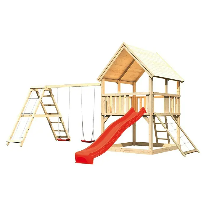 Karibu Kinderspielturm Luis Set 23 - L x B x H: 264 x 508 x 345 cm, Natur/Rot - Dieses Bild zeigt einen Holzspielplatz mit Schaukeln, Rutsche und Klettergerüst vor einem schwarzen Hintergrund.