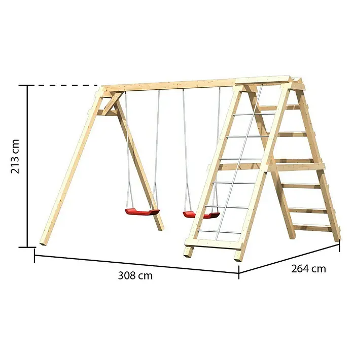 Karibu Doppelschaukel Felix - Schaukel mit Klettergerüst & Netzrampe, L x B x H: 264 x 308 x 213 cm - Abbildung eines Holzschaukelgerüsts mit Kletterleiter und den Maßen 213 cm Höhe, 308 cm Länge und 264 cm Breite.