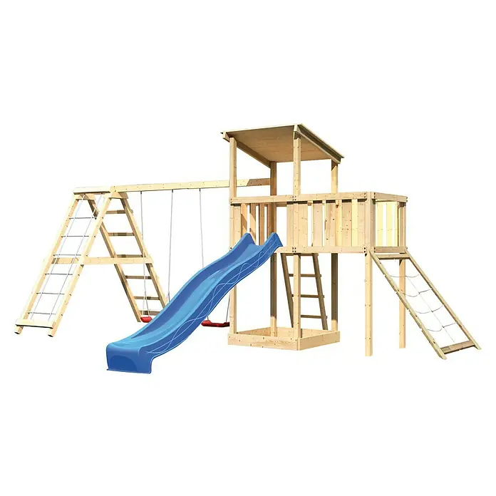 Karibu Kinderspielturm Anna Set 49 - L x B x H: 264 x 522 x 270 cm, Natur - Eine hölzerne Kinderspielanlage mit Rutsche, Schaukeln, Leiter und Kletterwand für stundenlangen Spielspaß im Garten.