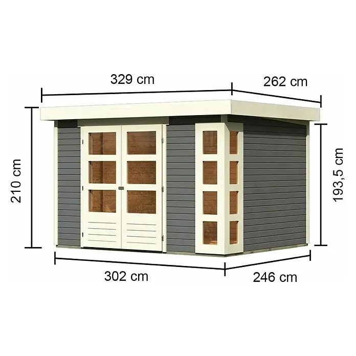 Karibu Gartenhaus Kerko 5 - Außenmaß inkl. Dachüberstand (B x T): 329 x 262 cm, Holz, Terragrau - Abbildung eines Gartenhauses mit Maßen, die seine Größe und Abmessungen verdeutlichen.