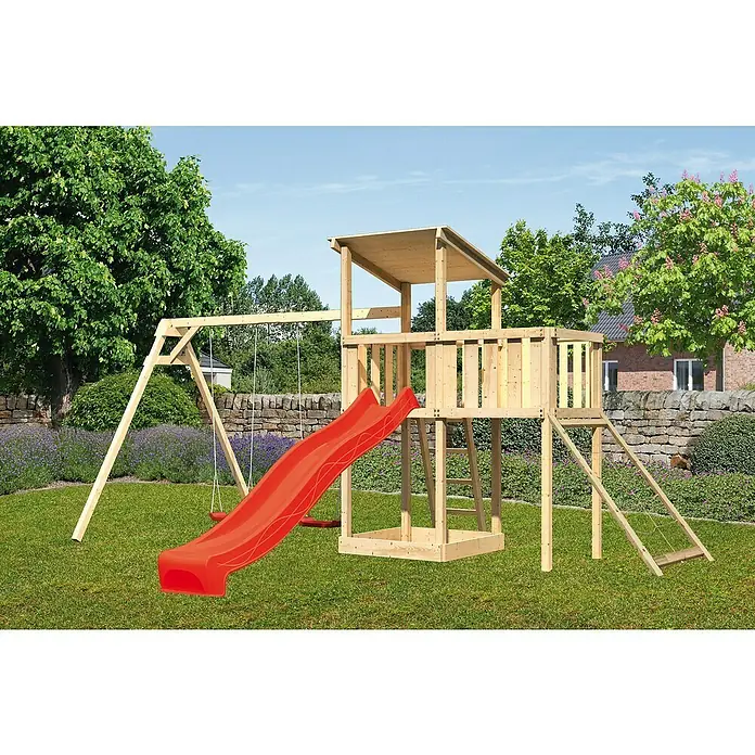 Karibu Kinderspielturm Anna Set 48 - L x B x H: 264 x 347 x 270 cm, Natur - Spielplatz mit Schaukel und Rutsche im Garten.