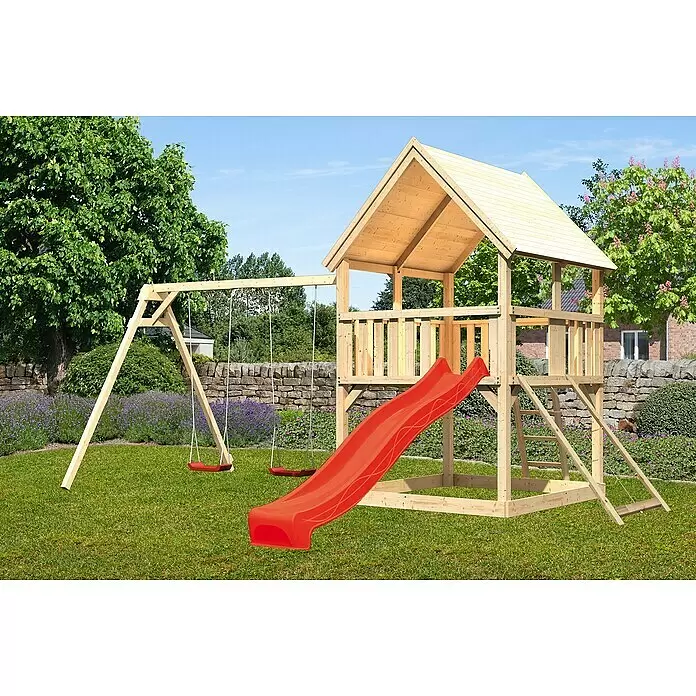 Karibu Kinderspielturm Luis Set 21 - L x B x H: 264 x 440 x 345 cm, Natur/Rot - Robustes Holz-Spielgerüst mit roter Rutsche und zwei Schaukeln.