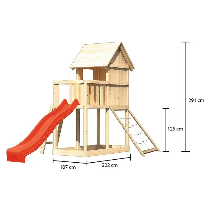 Karibu Kinderspielturm Frieda Set 16 - L x B x H: 107 x 202 x 291 cm, Natur - Eine hölzerne Kinderspielturm mit Rutsche. Die Kletterleiter bietet zusätzlichen Spaß. Abmessungen sind in cm angegeben.