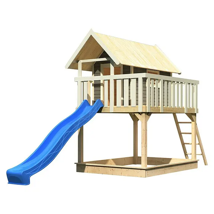 Karibu Kinderspielturm Fidel Set 5 - L x B x H: 243 x 198 x 329,5 cm, Terragrau /Blau - Bild eines hölzernen Spielhauses mit Rutsche und Sandkasten, ideal für den Garten und zum Spielen im Freien.