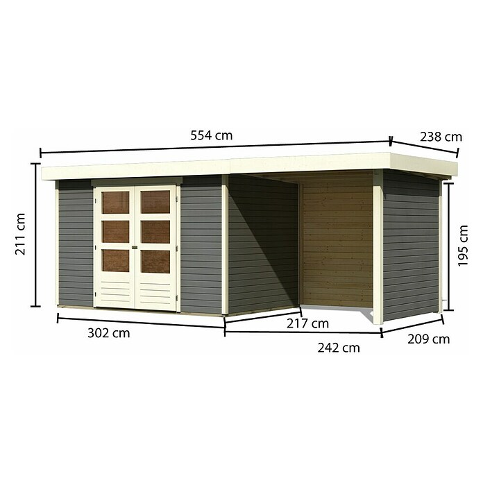 Karibu Gartenhaus Askola 4 (Außenmaß inkl. Dachüberstand (B x T): 554 x 238 cm, Holz, Terragrau, Mit Seitendach, Rück- und Seitenwand) | BAUHAUS
