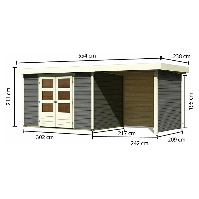Karibu Gartenhaus Askola 4 - Außenmaß inkl. Dachüberstand (B x T): 554 x 238 cm, Holz, Terragrau, Mit Seitendach, Rück- und Seitenwand - Ansicht eines Gartenhauses mit den Maßen 554 cm Länge, 211 cm Höhe und 302 cm Breite. Das Gartenhaus verfügt über eine Überdachung.