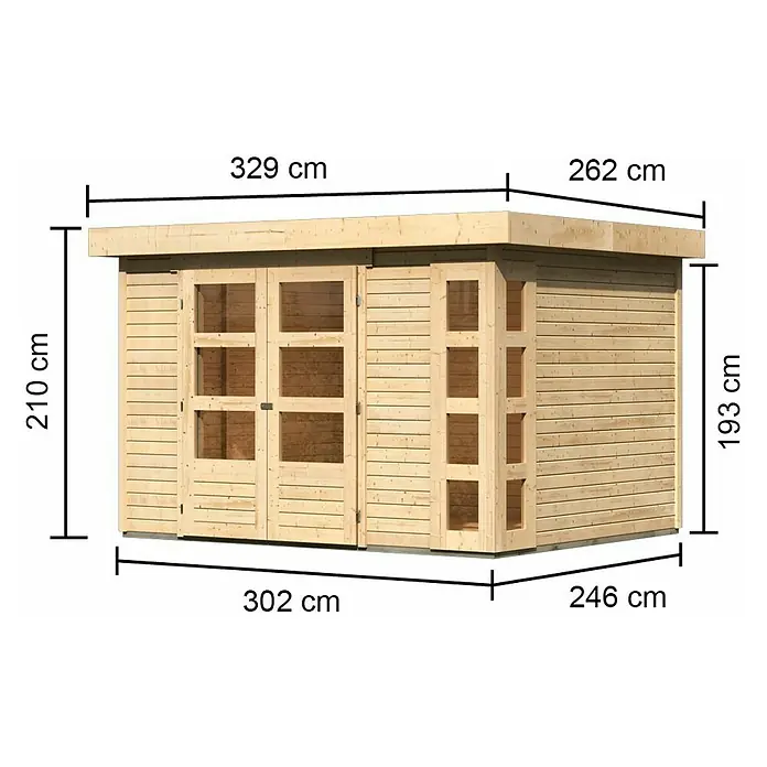 Karibu Gartenhaus Kerko 5 - Außenmaß inkl. Dachüberstand (B x T): 329 x 262 cm, Holz, Natur - Abbildung eines Holzgartenhauses mit Maßangaben zu Höhe, Breite und Tiefe für eine detaillierte Produktansicht.