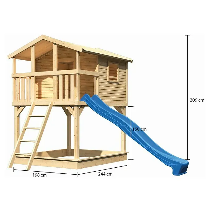 Karibu Spielhaus Benjamin Set 3 - L x B x H: 244 cm x 198 mm x 309 cm, Holz, Natur - Bild eines Holzspielhauses mit Rutsche und Sandkasten, mit Maßangaben zu Höhe, Breite und Länge für einen besseren Überblick.