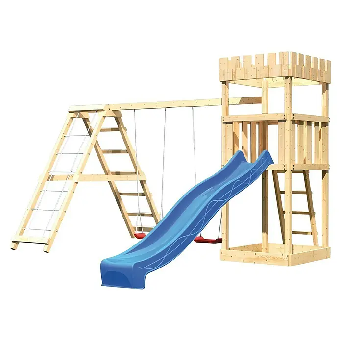Karibu Kinderspielturm Ritterburg Löwenherz Set 11 - L x B x H: 264 x 415 x 259,5 cm, Natur/Blau - Holzspielplatz mit Turm, Rutsche und Schaukelgerüst für stundenlangen Spaß im Freien. Ideal für Kinder zum Spielen und Toben.