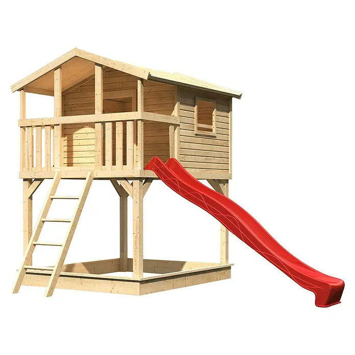 Karibu Spielhaus Benjamin Set 4 - L x B x H: 244 cm x 198 mm x 309 cm, Holz, Natur - Ein zweistöckiges Holzspielhaus mit Rutsche und Sandkasten bietet Kindern vielseitigen Spielspaß im Garten.