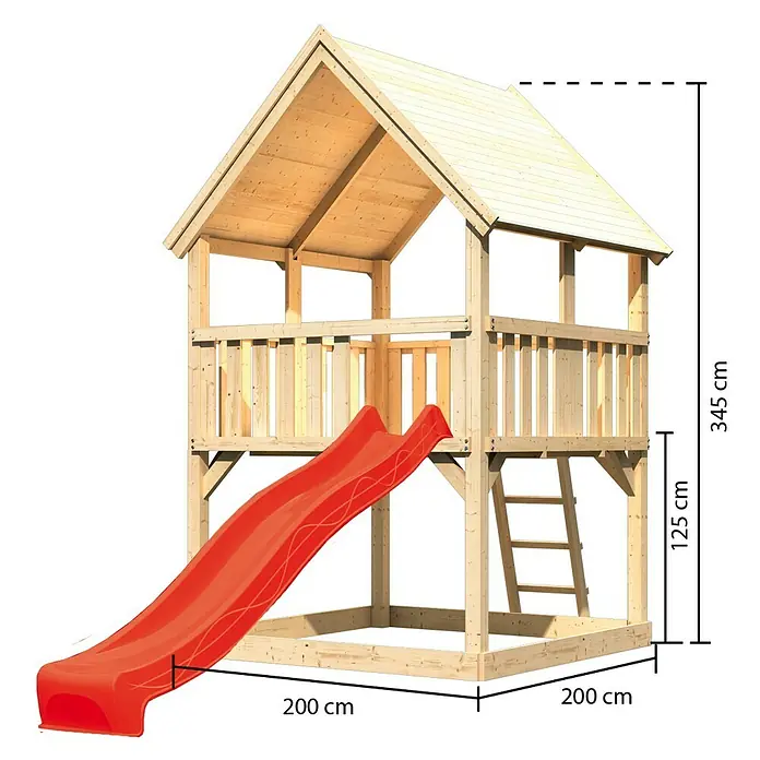 Karibu Kinderspielturm Luis Set 3 - L x B x H: 200 x 200 x 345 cm, Natur/Rot - Abbildung eines Holzspielhauses mit Rutsche und Leiter, Maße sind angegeben.